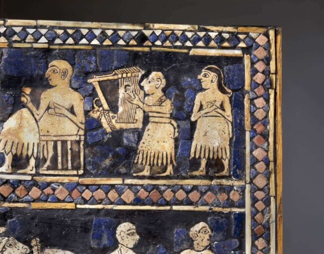 A lyre player and a singer. Detail from the “Standard of Ur”. Ur. Mid-third millennium BCE. British Museum 121201. ©The Trustees of the British Museum. CC By-NC-SA 4.0