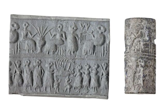 Scene from a cylinder seal from Ur showing a figure playing the "bull lyre". Lapis Lazuli, mid-third milennium BCE. Object 30-12-2, Courtesy of Penn Museum.