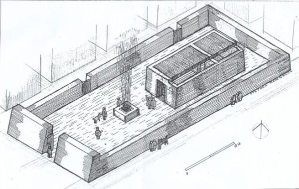 Reconstruction of the Judaean temple, after a drawing by Stephen Rosenberg, “The Jewish Temple at Elephantine,” Near Eastern Archaeology 67 (2004): 4