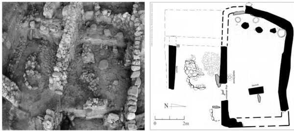 Photo and Plan of Stratum A4 featuring the smaller southern space (left) and the larger northern space (right). Photography by Robert Mullins and plan by RuhamaBonfil