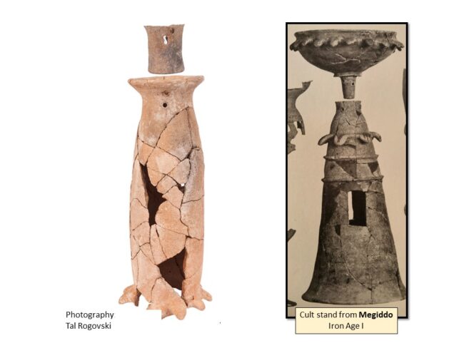 Restored cult stand found nearby the plastered installation. Here, the standish compared to one from Megiddo. Photography by Tal Rogovski.