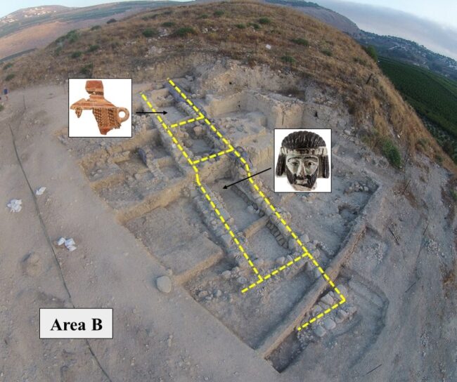 Area B looking northwest. The yellow lines help identify the main walls of the structure, possibly a citadel, that extended to the south. The eastern closing wall is clearly visible. Two of the rooms produced significant finds–a Phoenician Bichrome Jar and the faience head of a bearded Levantine male. Image courtesy of the authors.