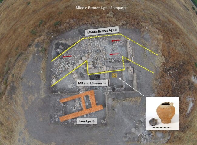 View of Area F at the southern tip of the lower city. Middle and Late Bronze Age structures about the northern face of the MB fortifications. This includes the LBIIB floor that produced the jug containing a silver hoard. Iron II pits were dug into the fortifications after they went out of use (see the arrows) and part of an Iron I structure lies further north. Aerial photo by Robert Mullins. Photo of jug with hoard by Gabi Laron