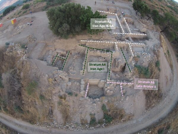 The eastern part of Area A looking west. Photography by Robert Mullins.Fig. 10–Plan of Area A showing all six phases. Plan by Ruhama Bonfil. Photographed by Robert Mullins.