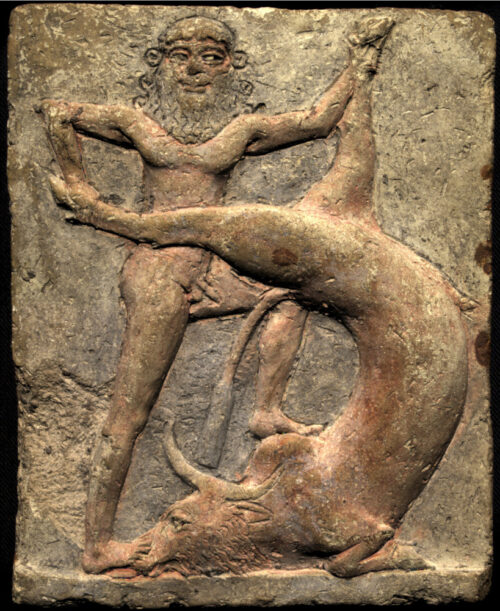 Gilgamesh fighting the bull of heaven. Photo via Wikimedia. Public Domain.