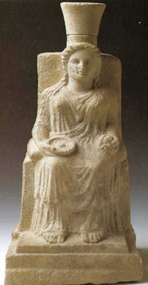 Seated limestone statue of the Goddess Hera holding a patera and a pomegranate from the Hearion by the mouth of river Sele, not far away from Capaccio in the Salerno/Paestum Plain (4th-3rd century BCE).