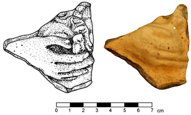 Motya (Sicily), fragment of a terracotta plaquette representing a female hand holding a pomegranate, found in the sacred Area of the Kothon (5th century BCE).