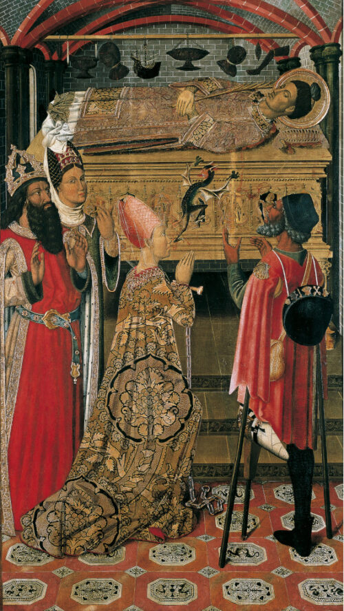 Barcelona, Museu Nacional d’Art de Catalunya, “Princess Eudoxia before the tomb of Saint Stephen”, 1495-1500, tempera, stucco reliefs and gold leaf on wood panel.