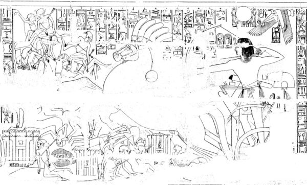 Shasu people (upper and lower left) fought by Pharaoh Sety I, 13th century. Drawing from The Epigraphic Survey Reliefs and Inscriptions at Karnak, Volume IV: The Battle Reliefs of King Sety I. Oriental Institute Publications 107 (1986), pl. 2. https://isac.uchicago.edu/research/publications/oip/reliefs-and-inscriptions-karnak-volume-iv-battle-reliefs-king-sety-i