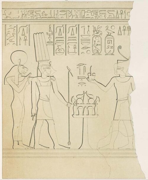 Taharqa presents offerings to deities, Gebel Barkal. The hetep hieroglyph appears twice in the offering table, one on top of the other. Drawing from Lepsius (1892), Denkmäler aus Aegypten und Aethiopen.