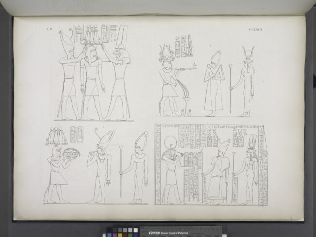 The Meroitic king Aqramani presenting a burnt offering to deities, Dakka. In the center of the offering is the hetep hieroglyph. NYPL Catalog ID: b14291206, Image ID 425545.