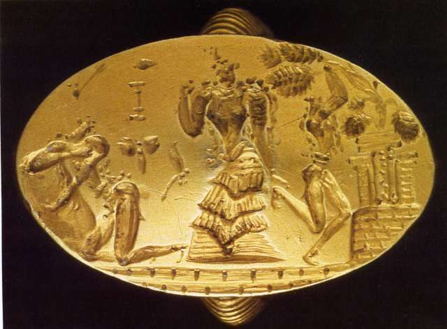 Minoan gold ring, HM 989. https://ca.heraklionmuseum.gr/ca/pawtucket/index.php/Detail/objects/473.