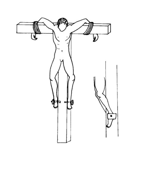 Proposed reconstruction of a Roman Tau cross crucifixion. Drawn by Eytan Zias.