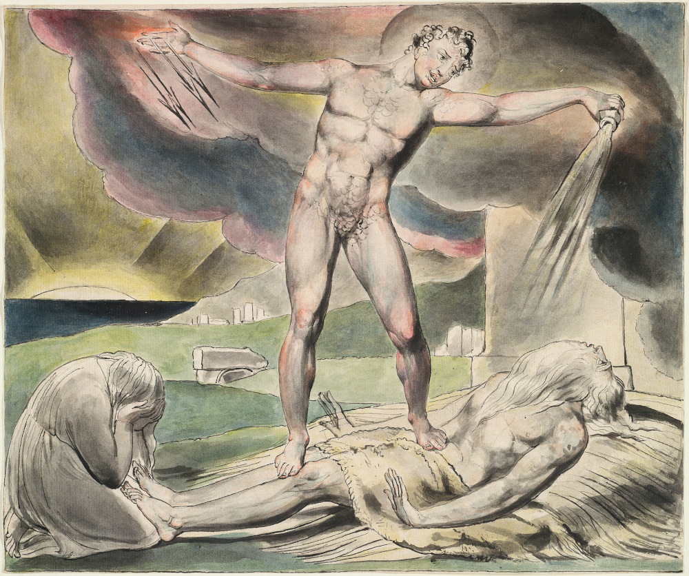 William Blake, The examination of Job, Satan pours on the plagues of Job, 1821.