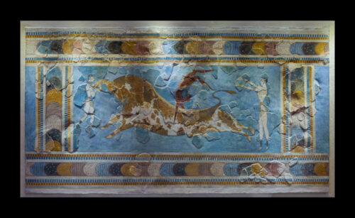 ‘Bull-leaping’ fresco from Knossos, ca. 1450, BCE https://commons.wikimedia.org/wiki/File:Bull_leaping_minoan_fresco_archmus_Heraklion.jpg
