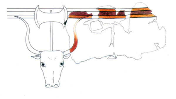Reconstruction of the horn fragment as a bucranion with a double axe. Image courtesy of Wolf-Dietrich Niemeir.