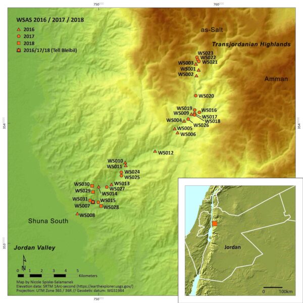 Map of the Wadi Shuʿaib with sites surveyed in 2016−2018. Courtesy of A. Ahrens.