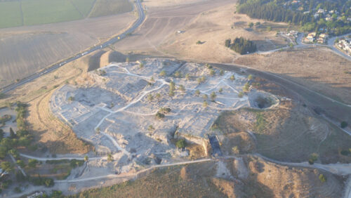 Aerial photo of Tel Megiddo, facing south. Photo by Adam Prins. Courtesy of The Megiddo Expedition.