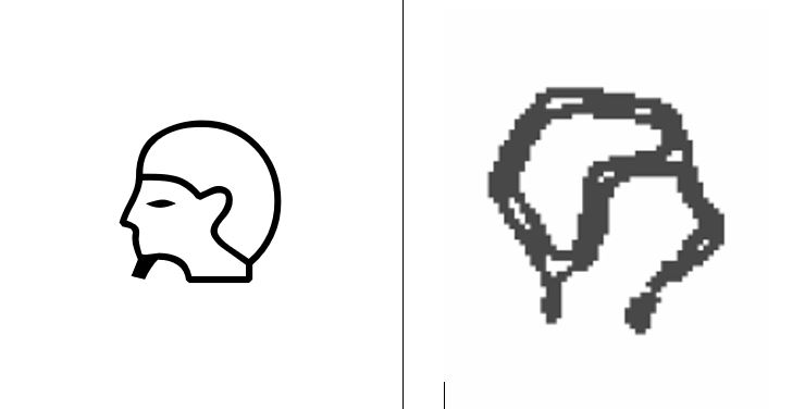 Egyptian hieroglyph D1 for tp "head", alongside early alphabetic resh (literally, "head")