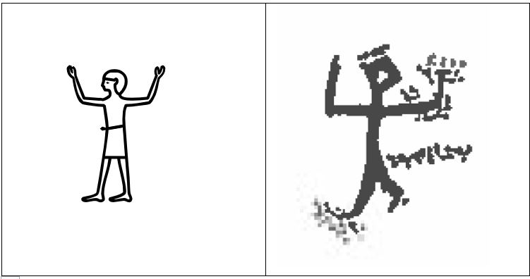 Egyptian hieroglyph A28, alongside early alphabetic heh (literally, "hey!")