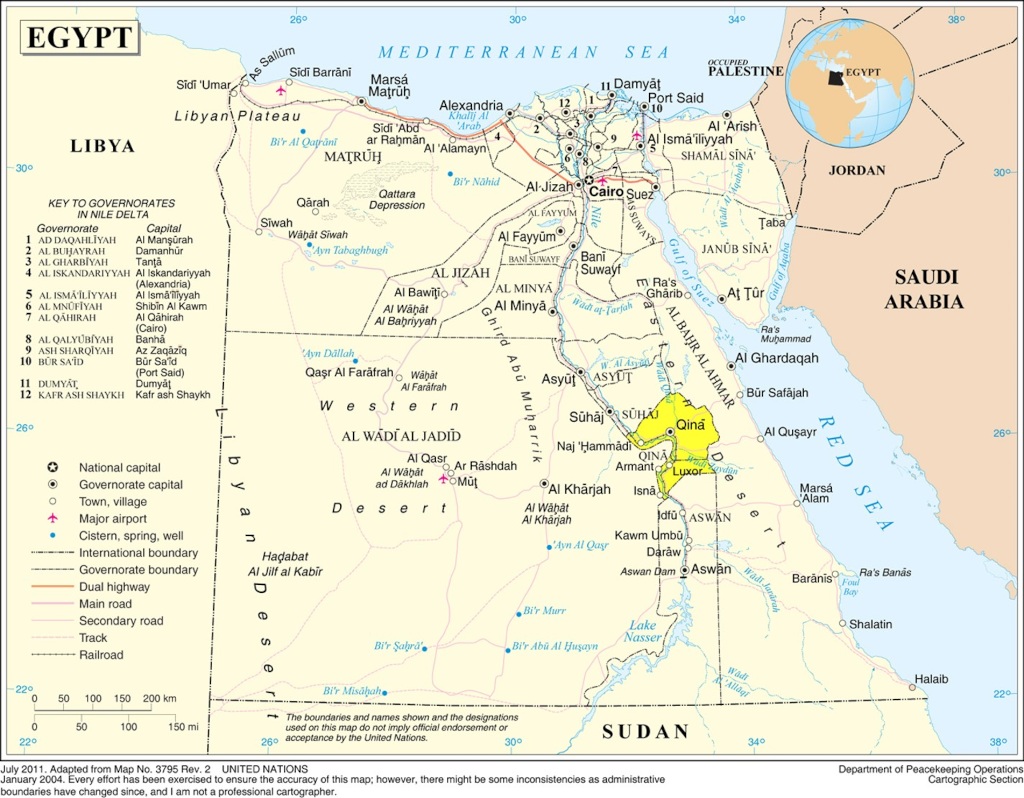 Map of Egypt showing the Qena Bend. Public Domain. 