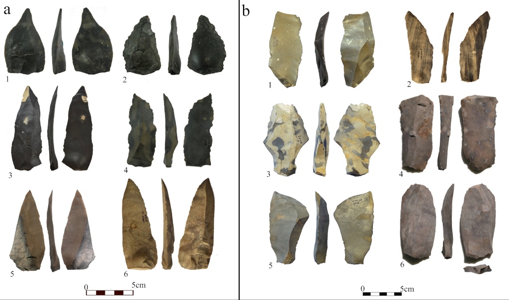 Flint tools from Nahal Mahanayeem Outlet: a. pointed elements; b. cutting elements. Image provided by the authors.