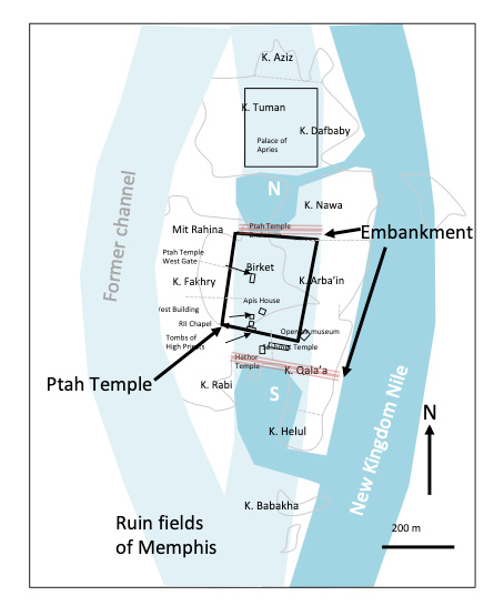 New Kingdom segmentation of the central channel at Memphis to create the site of the Ptah Temple after the work of Pedro Goncalves.