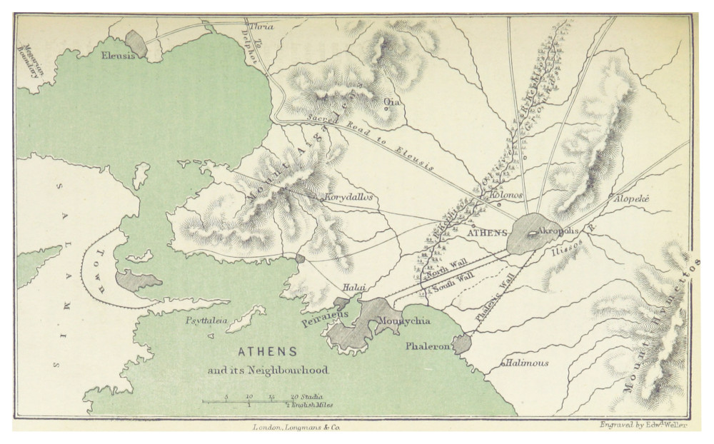 Map of Athens' "Long Walls" to Piraeus. A General History of Greece by G.W. Cox, p. 303. British Library. Public Domain.