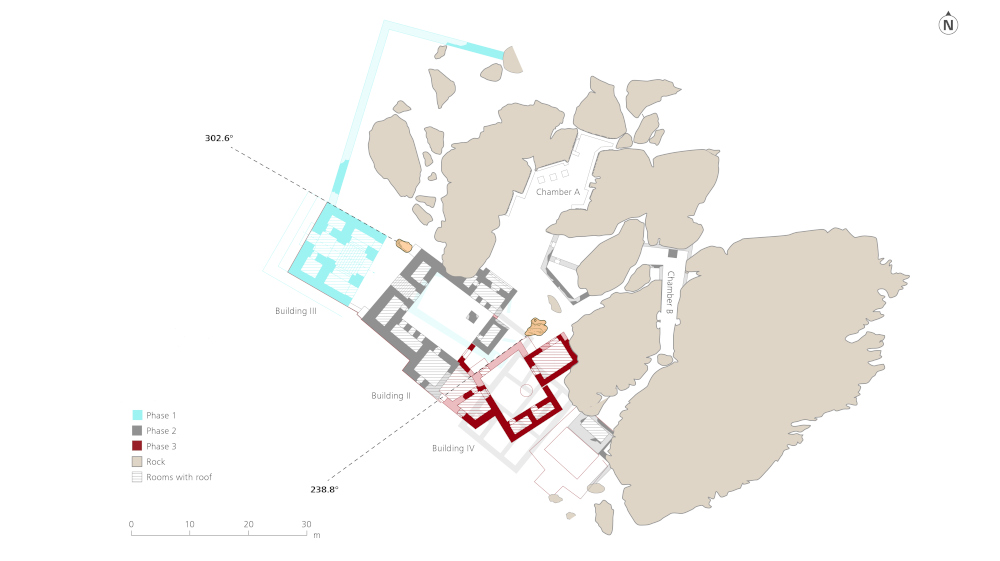 Plan showing the location of Chambers A and B as well as the three phases of temple constructions. The gatehouse (Building III) is directed at the sunset during summer solstice. The northwestern wall of Building IV is aligned with the sunset during the winter solstice (© Luwian Studies).