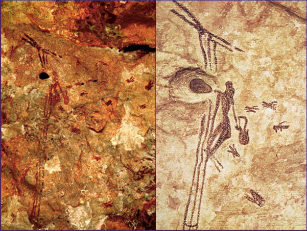 Prehistoric rock-painting of honey gathering, Altamira cave, Bicorp, Spain, 15000-10000 BCE, photo and drawing. http://yargb.blogspot.com/2012/12/harvesting-honey.html