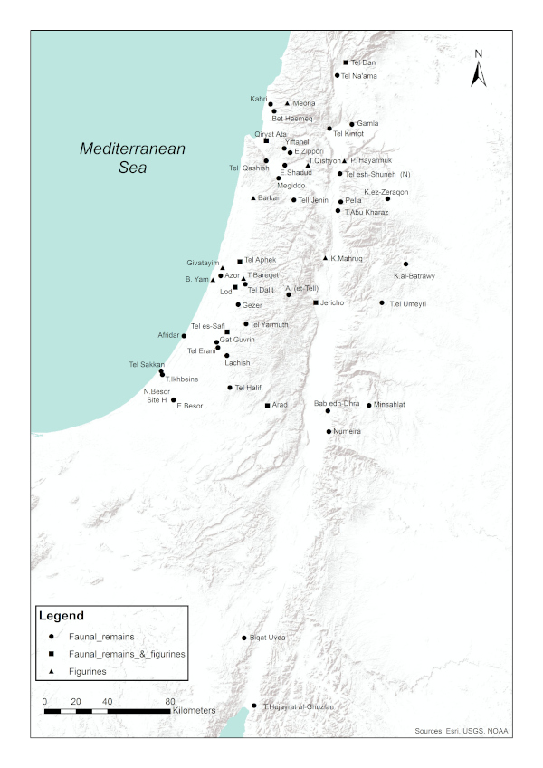 Distribution map of equid remains and donkey figurines during the Early Bronze Age. Map by Atalya Fadida, Israel Antiquities Authority. Courtesy of the authors.