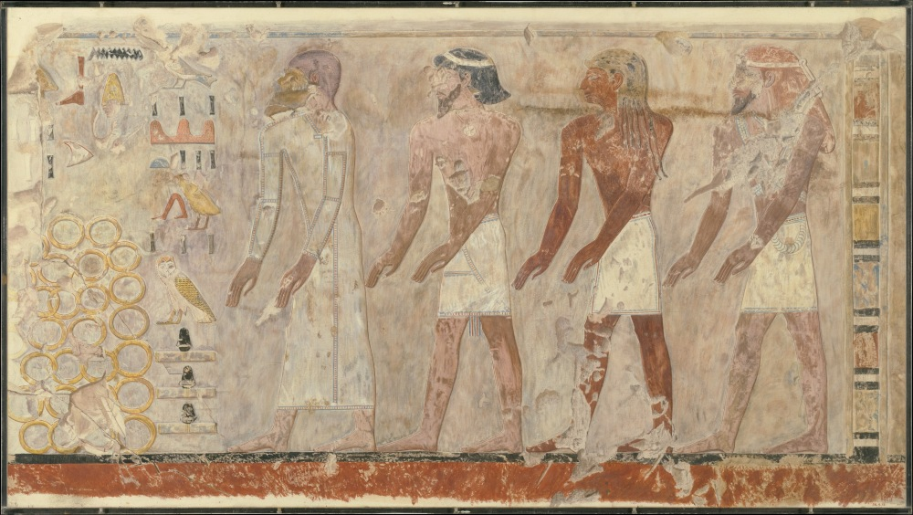 Stereotypical representation of foreigners, tomb of Puyemre (TT39), Thebes, Dynasty 18. Facsimile painting by Norman de Garis Davies. Metropolitan Museum of Art 30.4.13. Public Domain.