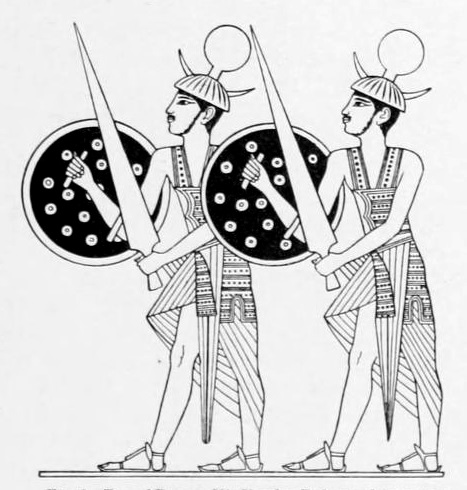 Drawing of a relief from the Sun Temple of Abu Simbel showing Sherden guards of Ramesses II. Drawing by Ippolito Rosellini, published in the Monuments of Sudanese Nubia (1908) by J.H. Breasted. Public Domain. 