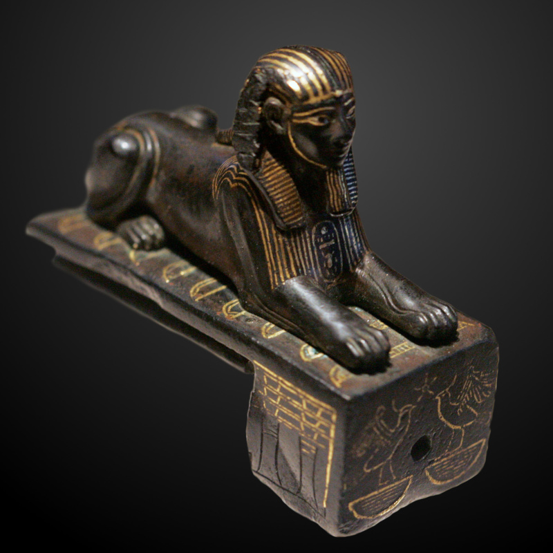 Bronze Sphinx of Thutmose III, showing Pharaoh reclining on the Nine Bows. Louvre E10897. Picture by Rama, CC by SA 2.0, via Wikimedia. 