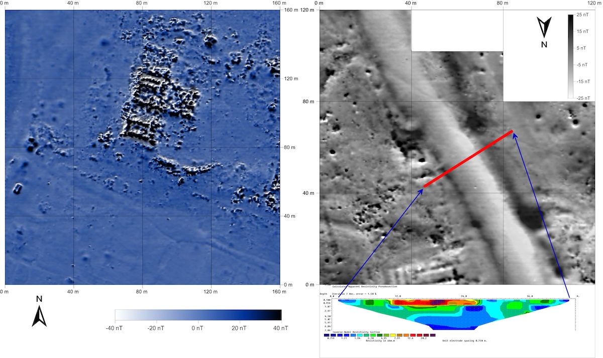 Left, magnetogram detail of a huge building complex and an adjacent harbor in the south of the city; right, detail of the main canal and analysis of the shape and depth of the canal by ERT-measurement (red). Courtesy of Jörg W.E. Fassbinder.