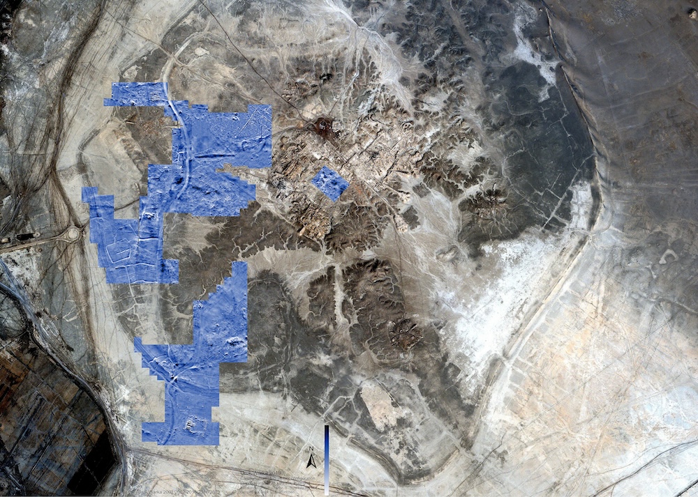 ICONOS Satellite image from 2005 overlaid by magnetometer results of the survey areas 2001-2019. Courtesy of Jörg W.E. Fassbinder.