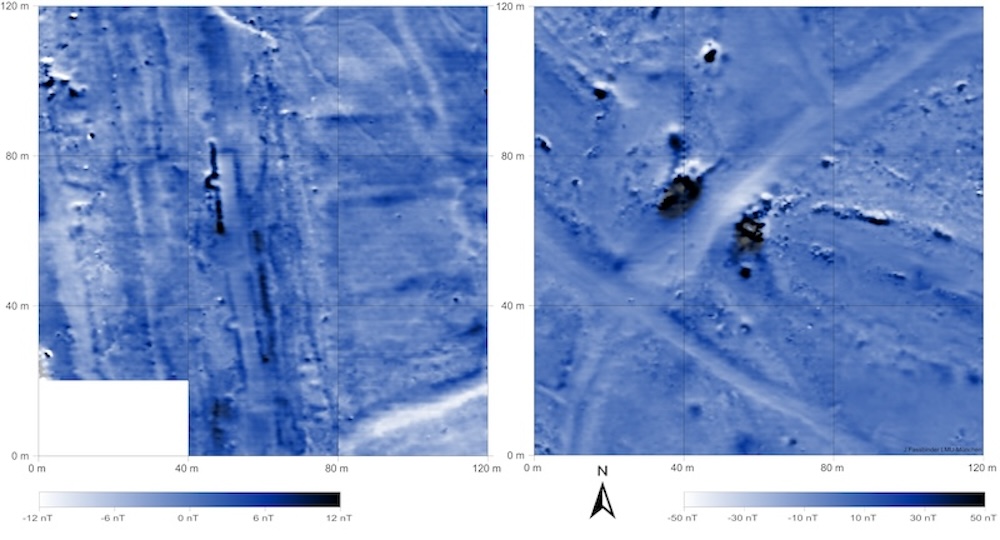 Magnetogram detail of the city wall (left) and from the floodgate in the south of the city (right). Courtesy of Jörg W.E. Fassbinder.