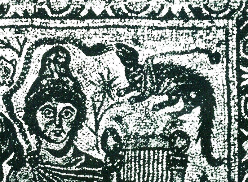 Harnessed mongoose fighting snake, depicted in a mosaic from Jerusalem (after Rosen 1984, courtesy of Hilel Geva).