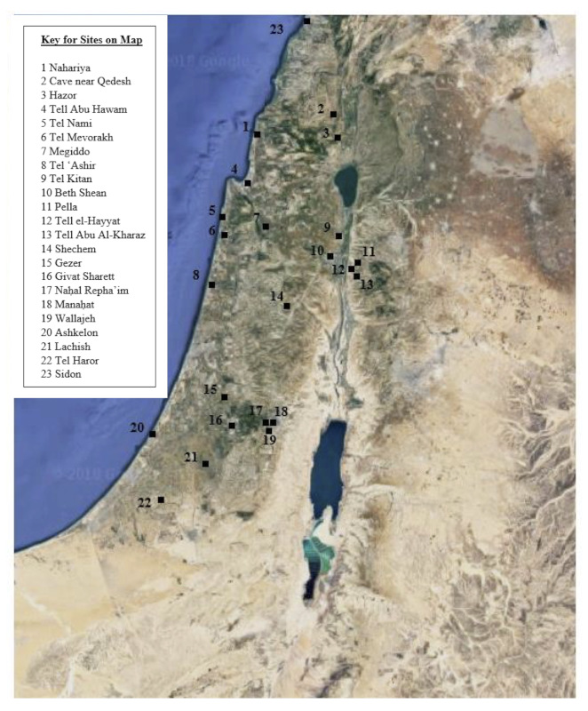 Fig. 1: The Southern Levant, sites with Canaanite temples from Middle and Late Bronze Age. Nos. 2 and 8 are from the Intermediate Bronze Age, but have many features that continue into the Middle Bronze.