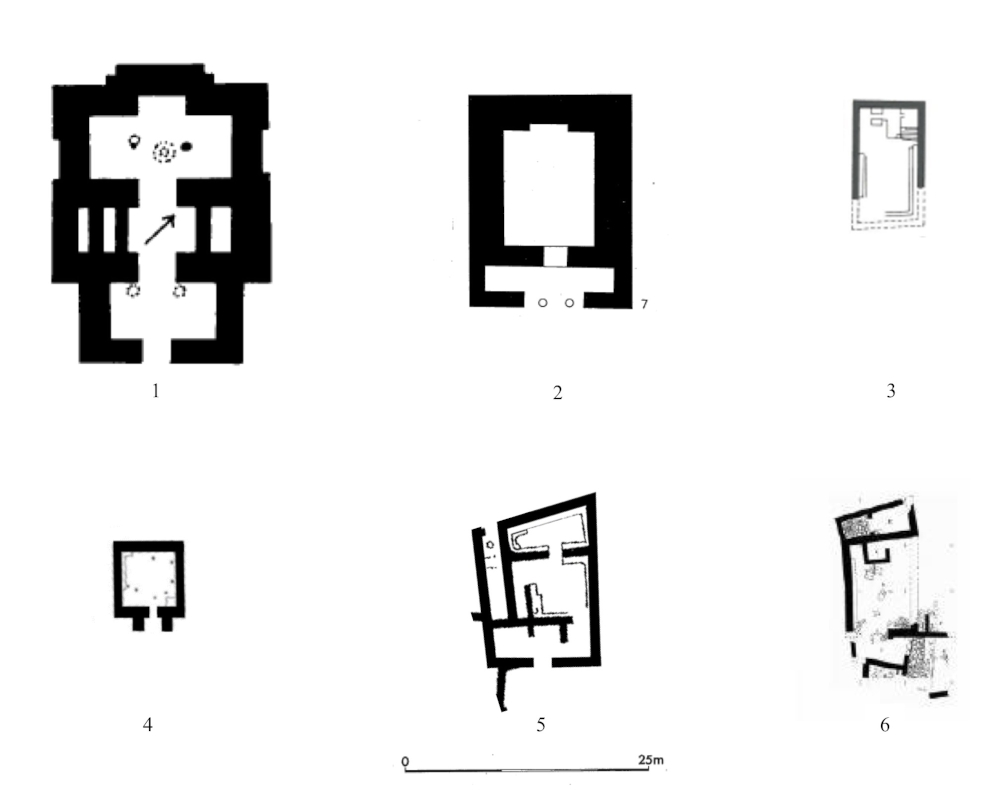 Fig. 2: Canaanite Temples from 1. Hazor, 2. Megiddo, 3. Tel Mevorakh, 4. Tell el-Hayyat, 5. Beth Shean, 6. Tel Nami.