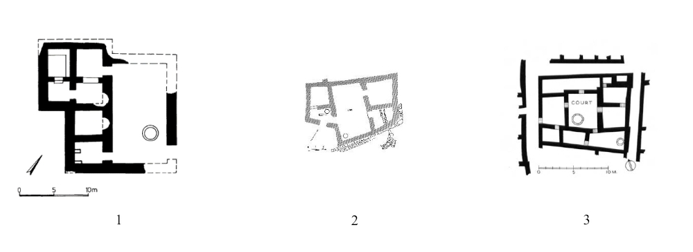 Fig. 3: Canaanite courtyard houses: 1. Tell Beit Mirsim (MB), 2. Hazor (Area C, MB), 3. Megiddo Stratum IX (LB). These exhibit courtyards within the houses' internal structure.