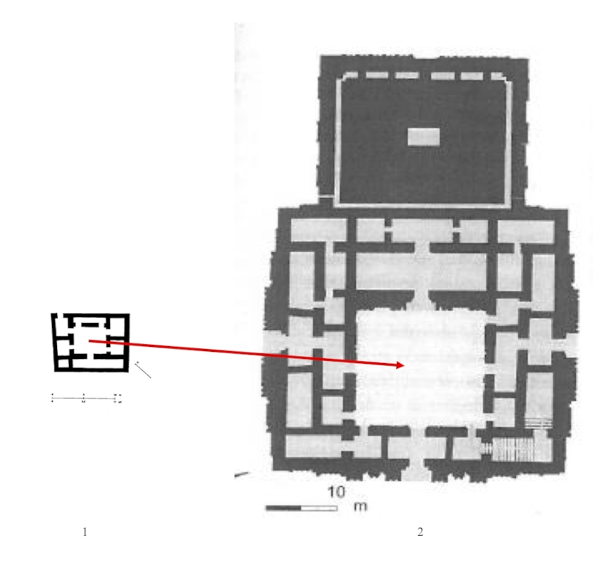 Fig. 5: Mesopotamian domestic (1) and temple (2) architecture.