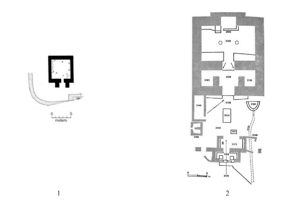 Fig. 6: Examples of temples with courtyards, partially exposed in excavation, showing the courtyards either face, or surround, the temple edifice. 1. Tell el-Hayyat, 2. Hazor Orthostat Temple.