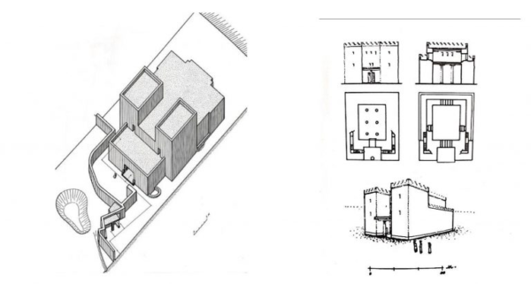 Fig. 7: Artist reconstructions of the monumentality of various migdal temples. 1. Hazor Building 7050, 2. Hazor Orthostat building, 3. Shechem migdal temple.