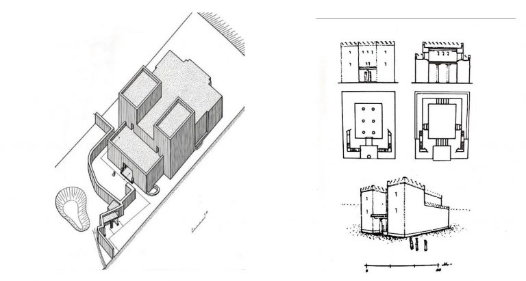 Fig. 7: Artist reconstructions of the monumentality of various migdal temples. 1. Hazor Building 7050, 2. Hazor Orthostat building, 3. Shechem migdal temple.