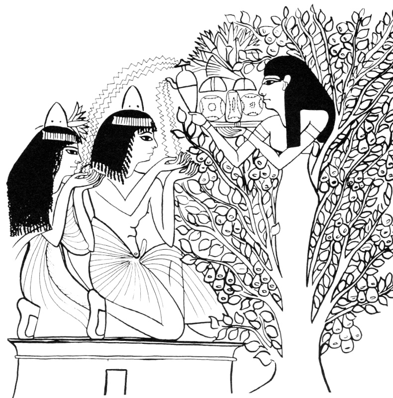 Tomb painting, Deir el Medinah: Tomb of Sennudyem, 19th dyn. (1345–1200 BCE, Keel, Symbolism, fig. 254). Line drawing by Othmar Keel.