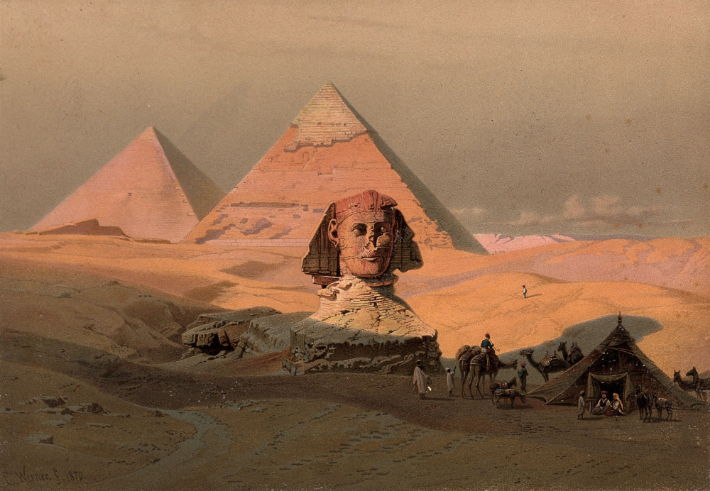 Egypt: the pyramids at Giza and the Sphinx. Colour lithograph by G.W. Seitz, ca. 1878, after Carl Werner, 1870. Public Domain.