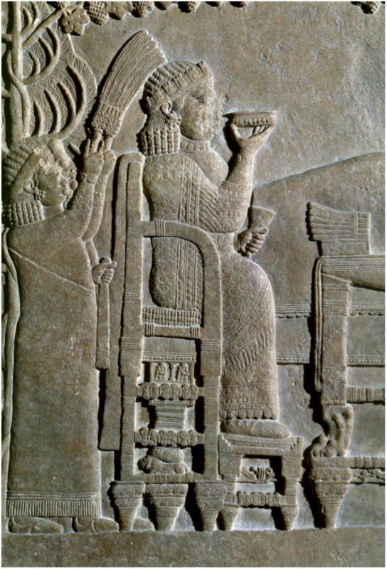 Relief showing Neo-Assyrian queen in Ashurbanipal’s Garden, North Palace, Nineveh (© Trustees of the British Museum).