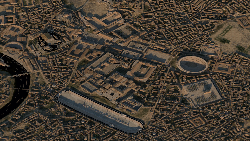 Aerial visualization of imperial Rome, including the Circus Maximus and Flavian amphitheater, for the documentary film “The Greatest Race: Rome’s Chariot Superstar.” Image © Faber Courtial / Lion TV, Smithsonian Channel, Channel 4, ZDF, ARTE.