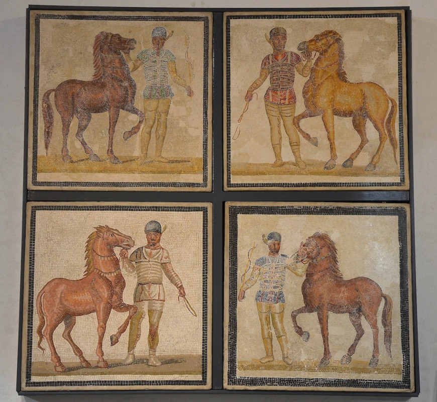 Mosaic depicting a charioteer and horse from each of the four circus factions (Red, White, Blue and Green). Third century C.E. from a villa at Baccano, Italy. Now in Rome, Palazzo Massimo all Terme, inv. 1247. (© 2012 Fotosar – MIBAC – Soprintendenza Speciale per I Beni Archeologici di Roma).